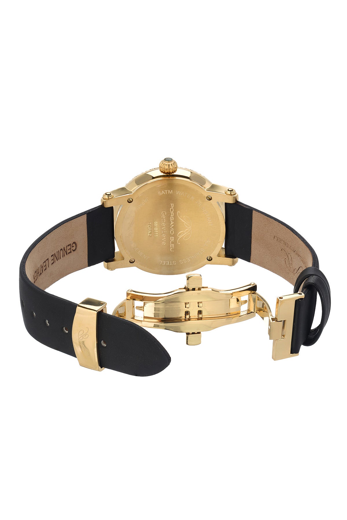 Porsamo Bleu Genevieve Luxury Topaz Women's Watch Satin Leather Watch, Gold, Black 681BGEL