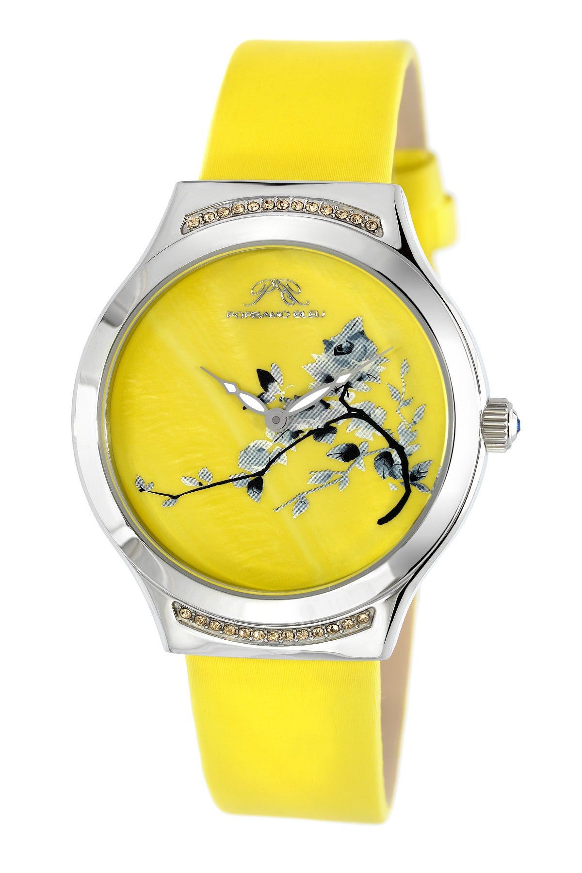 Porsmao Bleu Carmen luxury women's watch, satin covered genuine leather band, silver, yellow 992DCAL