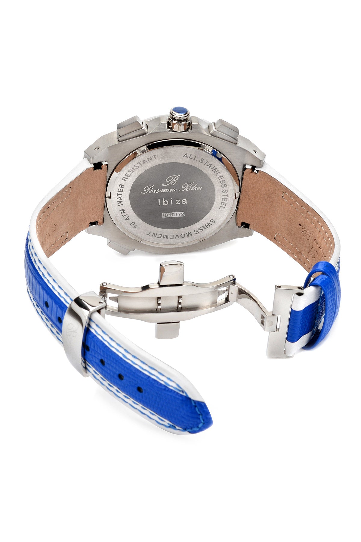 Porsamo Bleu Ibiza luxury chronograph men's watch, genuine leather band, silver blue, white 122BIBL