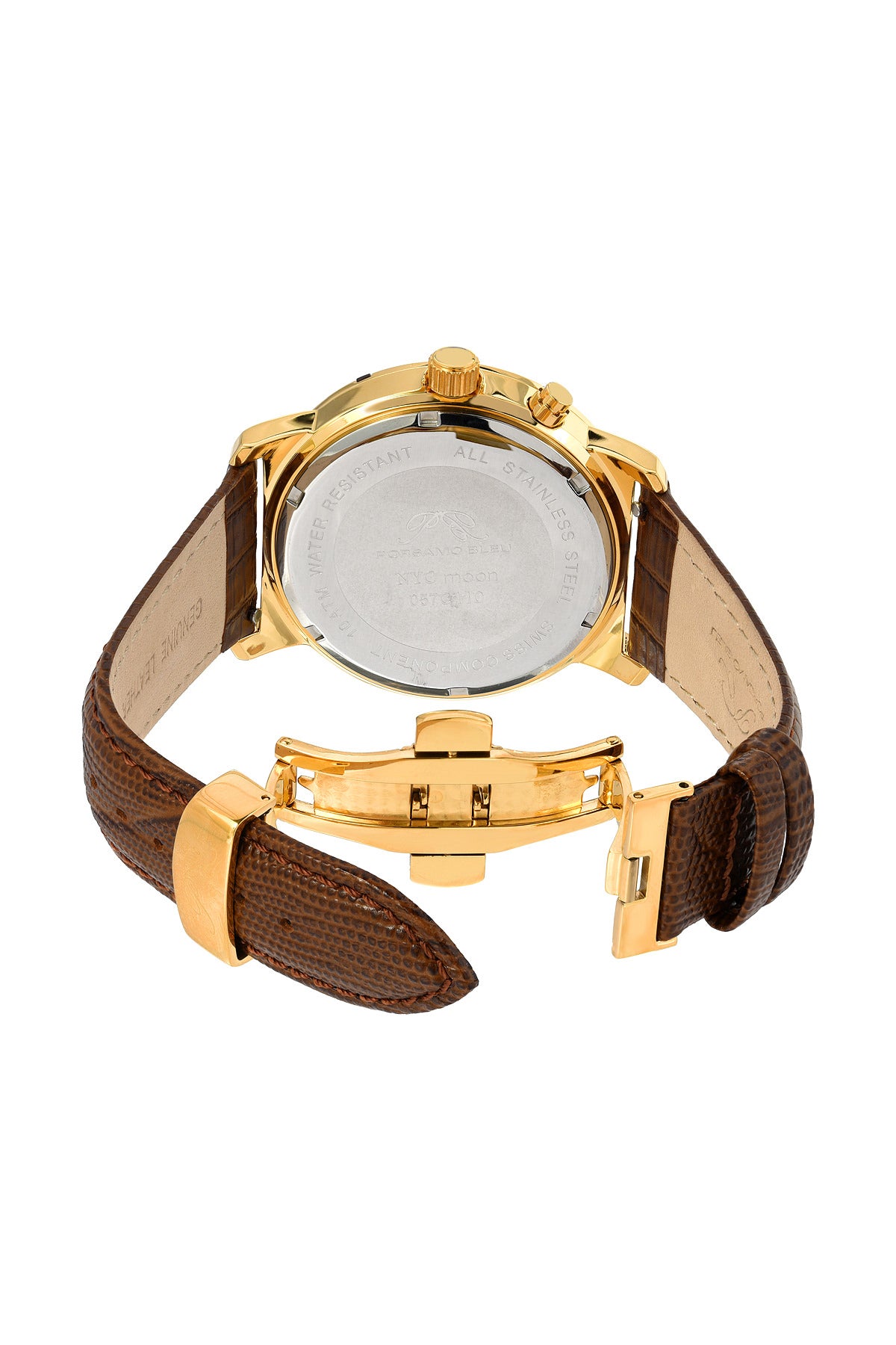 Porsamo Bleu NYC Moon Luxury Men's Watch, Genuine Leather Band, Gold, Brown 057CNYL