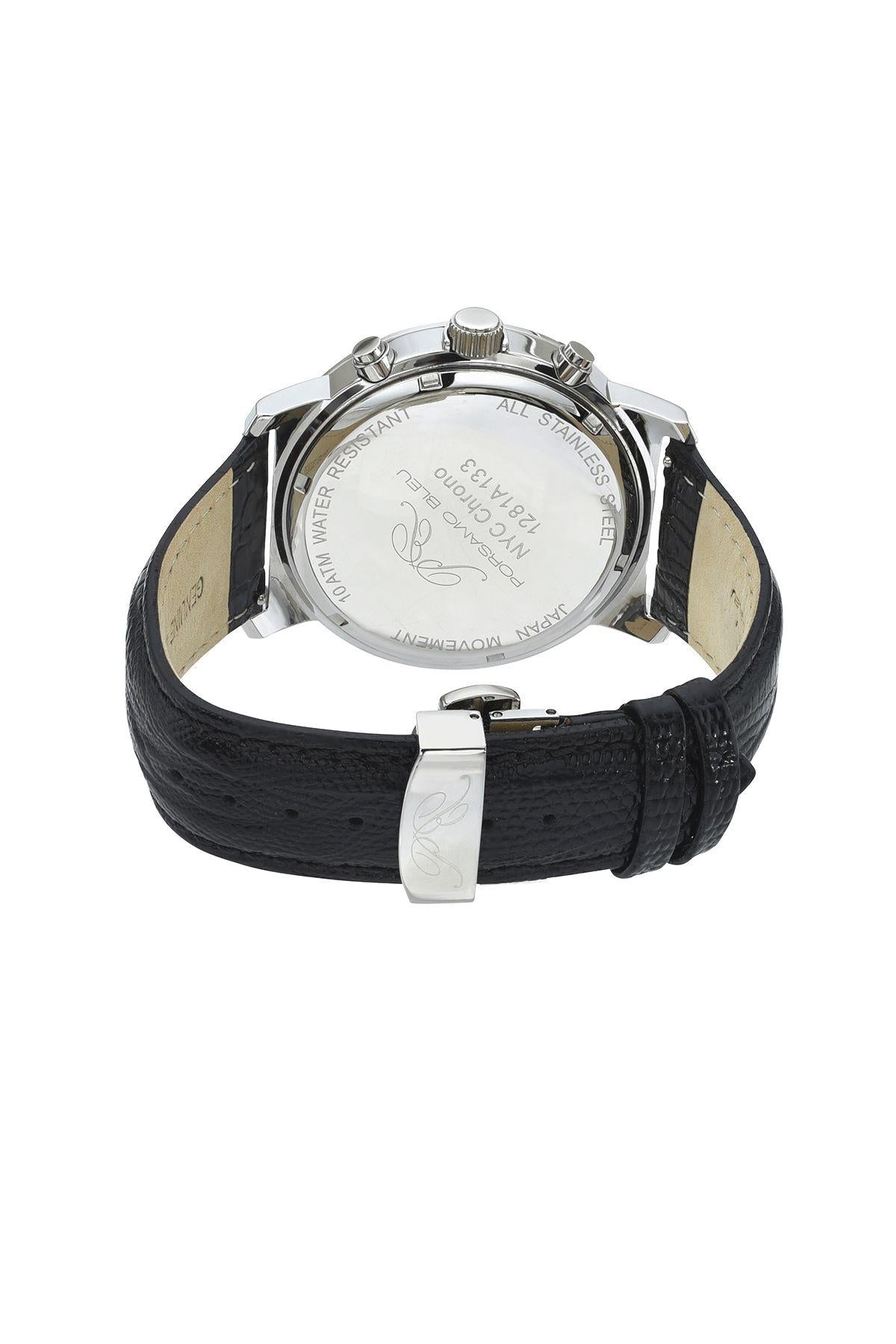 Porsamo Bleu NYC Chrono Luxury Men's Genuine Leather Chronograph Watch With Black MOP Dial, Silver, 1281ANYL