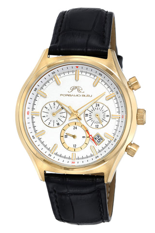 Porsamo Bleu Dylan Luxury Men's Watch, Genuine Leather Band Gold, Black and White 872ADYL