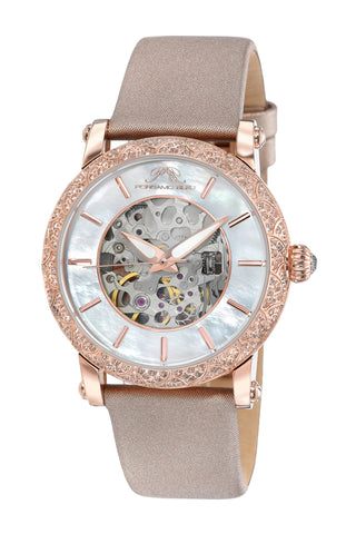 Porsamo Bleu Liza luxury automatic topaz women's satin leather watch, rose 691DLIL