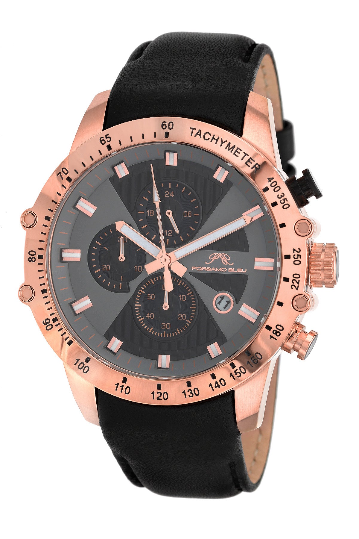 Porsamo Bleu Aiden luxury chronograph men's watch, genuine leather band, rose, black 362CAIL