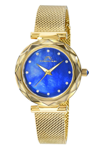 Porsamo Bleu Hazel Luxury Topaz Women's Stainless Steel Watch With Blue MOP Dial And Faceted Crystal Bezel, Gold, 1272BHAS