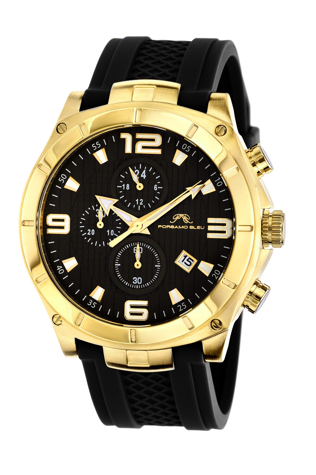 Porsamo Bleu Ethan luxury chronograph men's watch, silicone strap, gold, black 412AETR