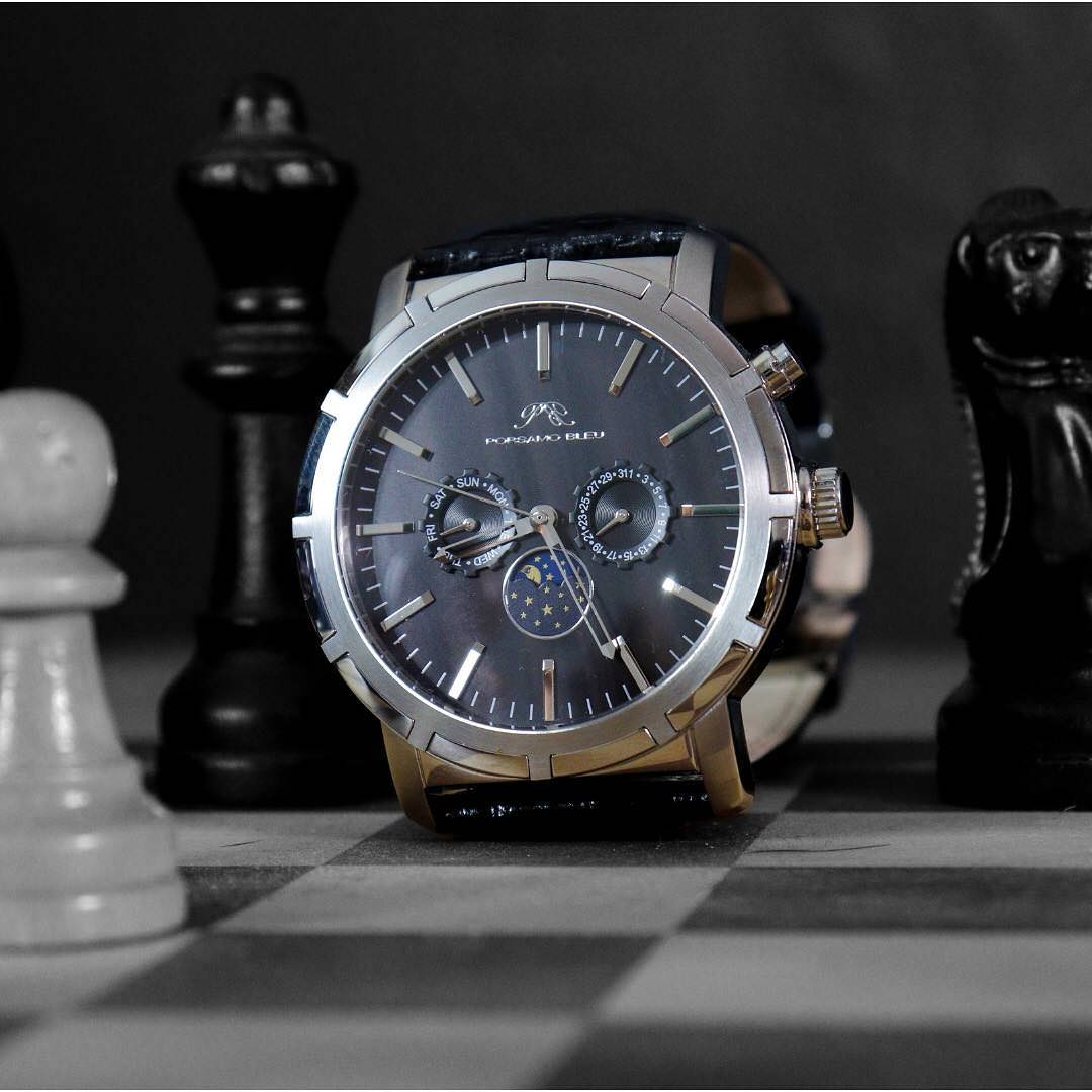 Porsamo Bleu NYC Moon Luxury Men's Watch, Genuine Leather Band, Silver, Black 057ANYL