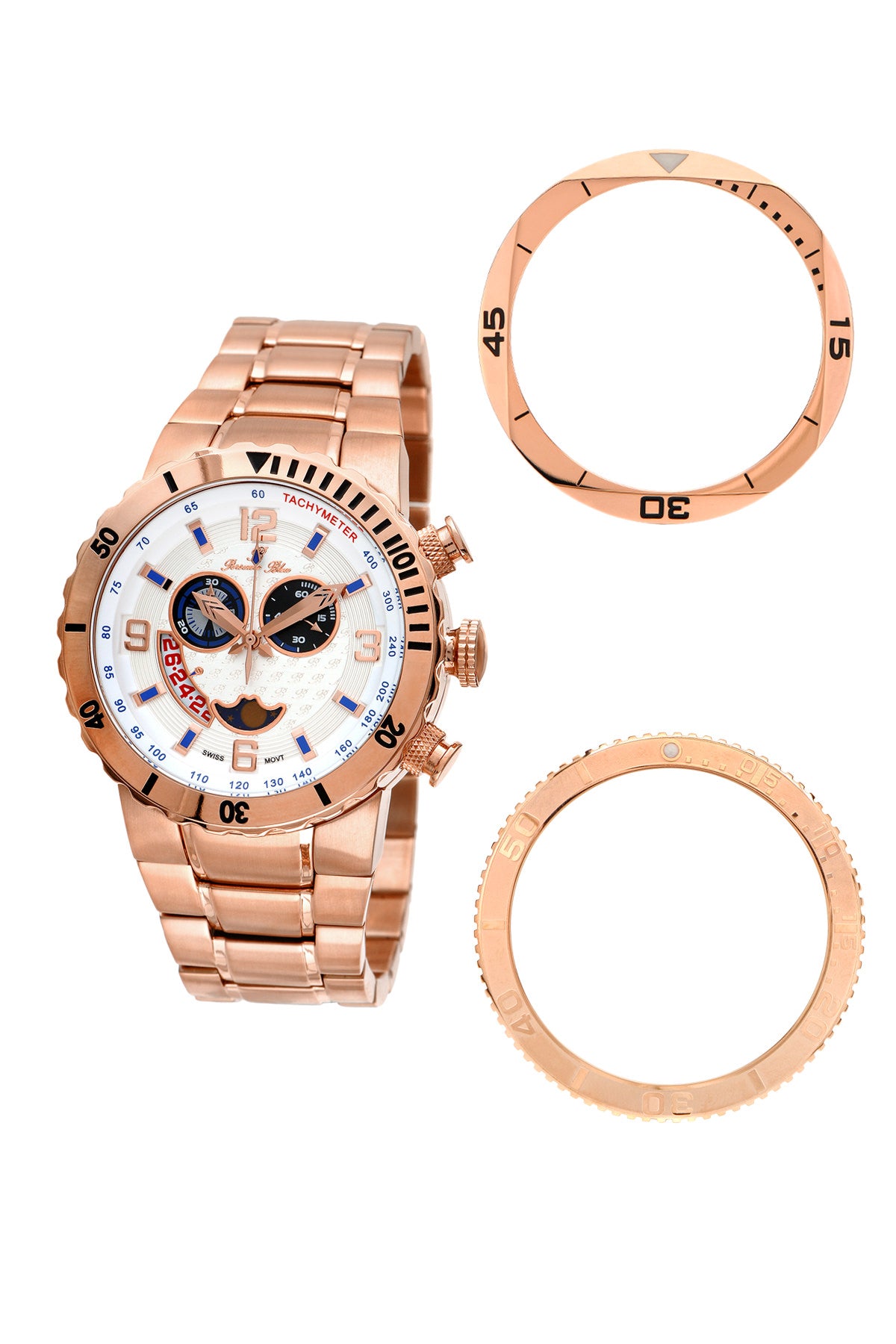 Porsamo Bleu Las Vegas Luxury Men's Stainless Steel Watch, Interchangeable Bezels, Rose 111BLVS