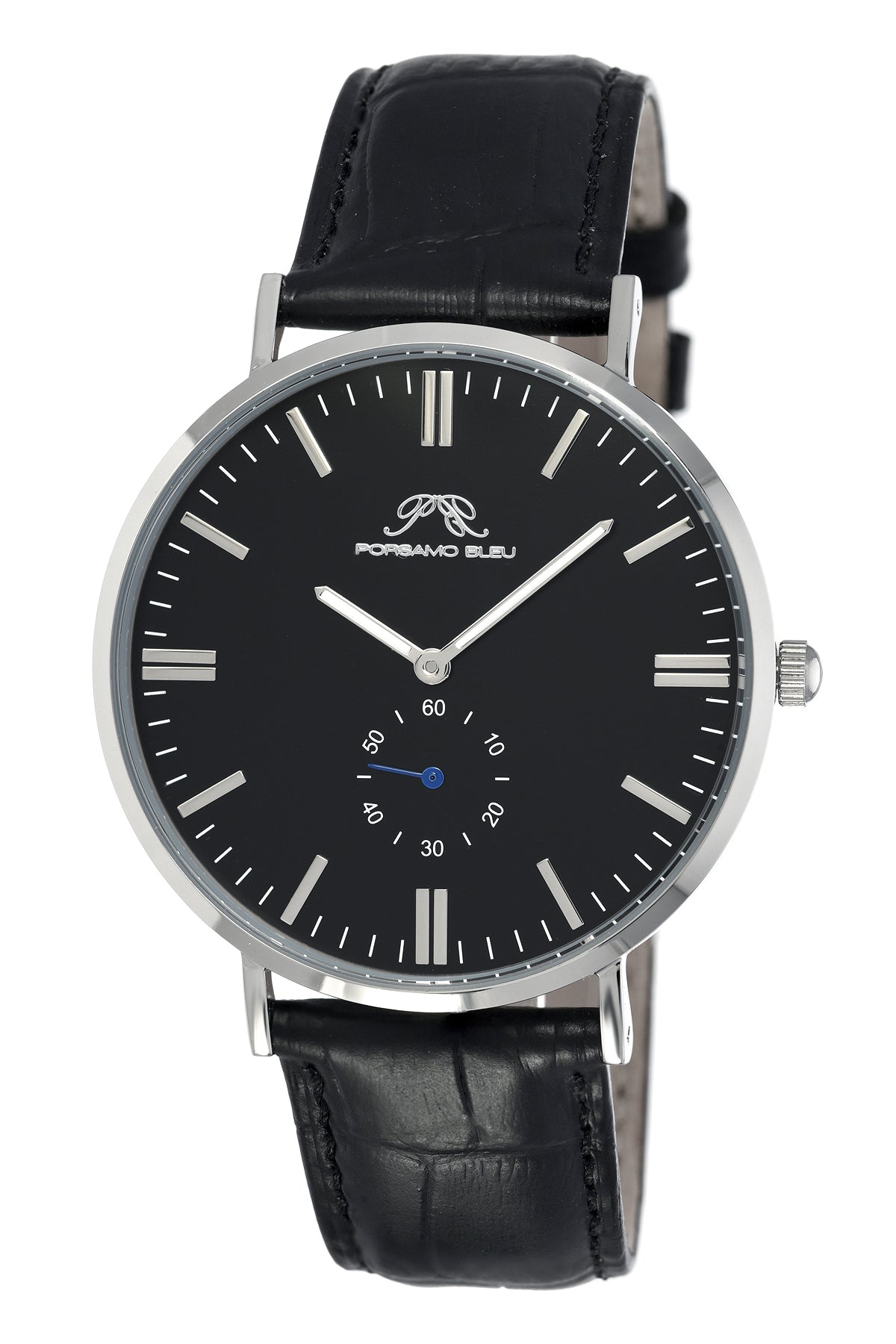 Porsamo Bleu Henry Luxury Men's Genuine Leather Band Watch, Black, Silver 842CHEL