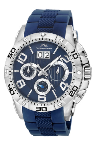 Porsamo Bleu Francoise Luxury Chronograph Men's Watch, Silicone Strap, Silver, Blue 245CFRR