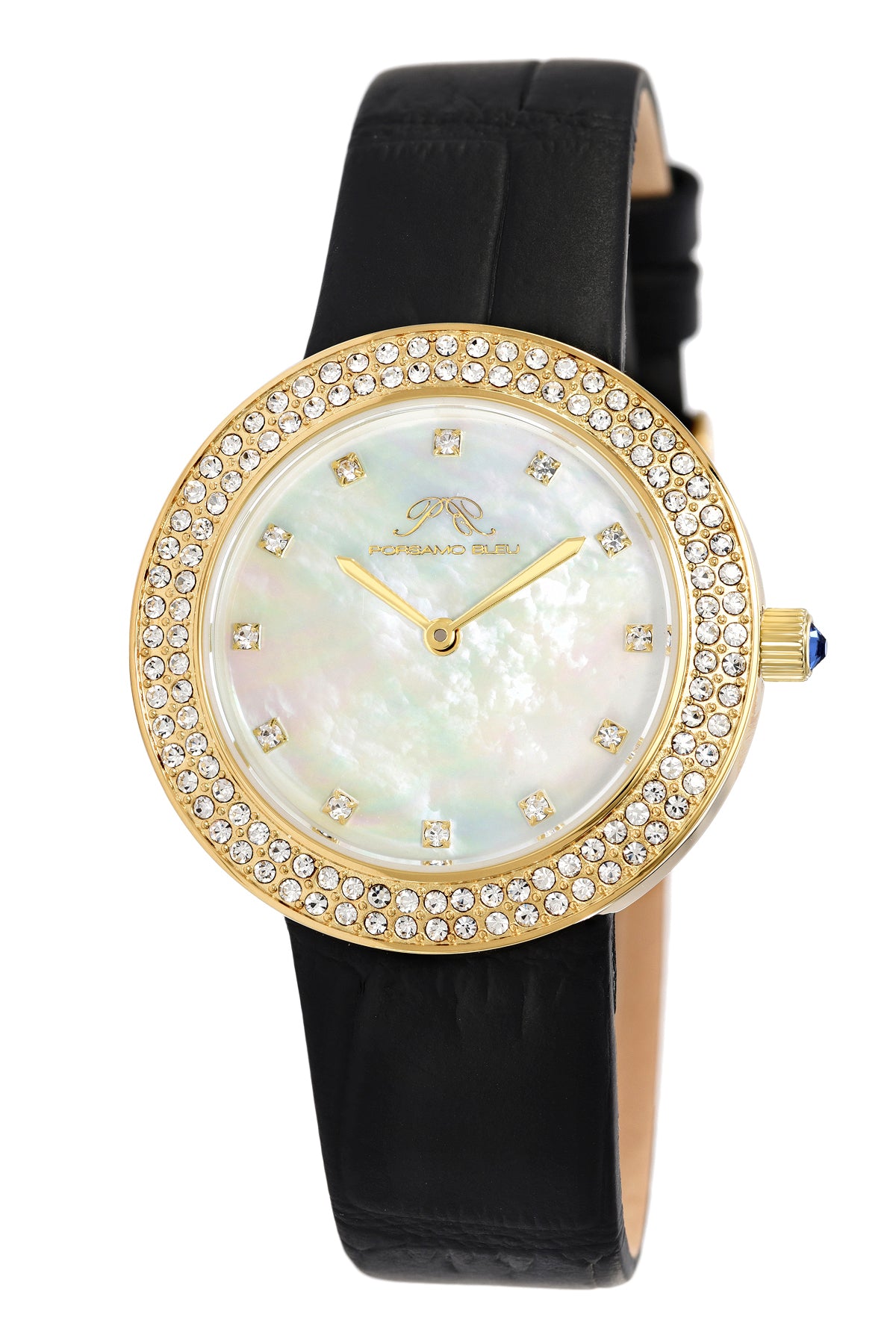 Porsamo Bleu Larissa luxury women's watch, genuine leather band, crystal inlaid bezel, white, gold, black 891BLAL