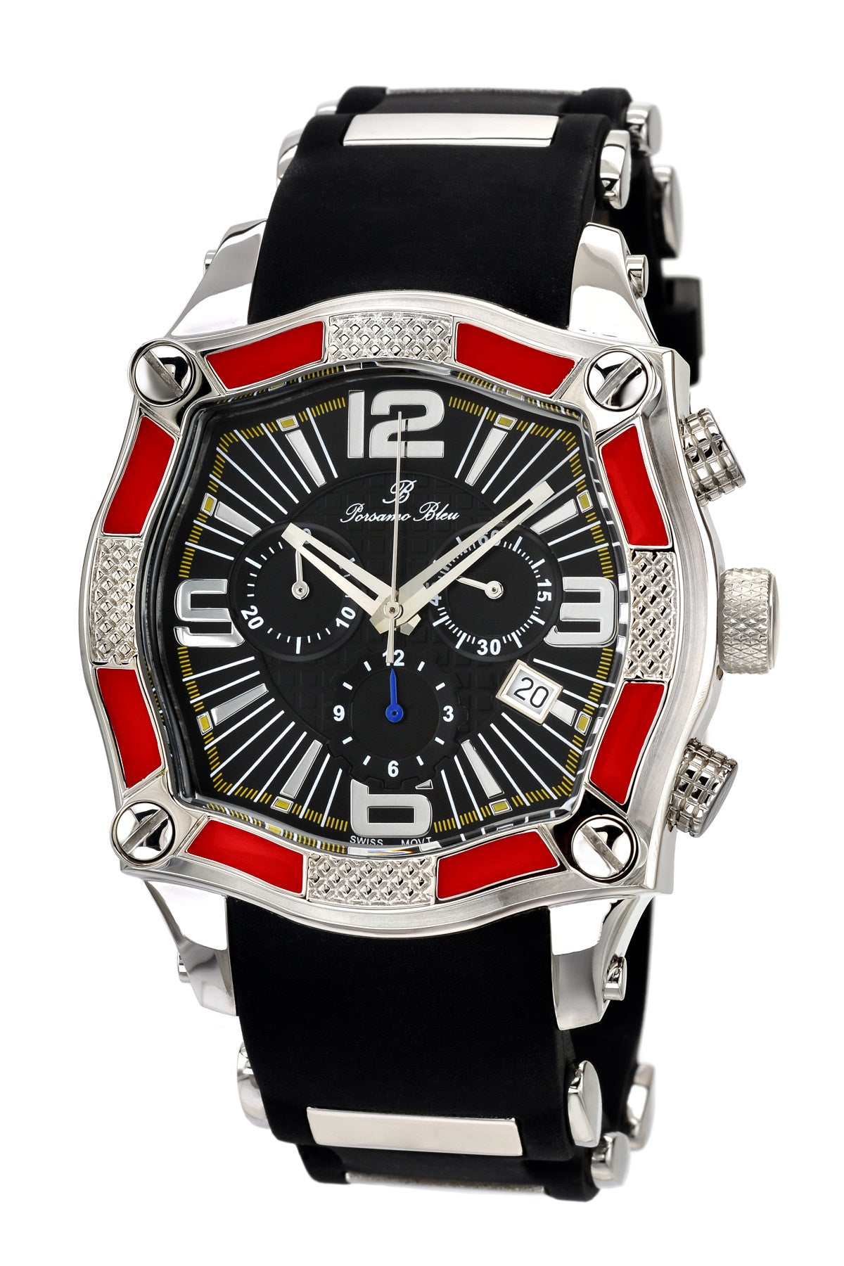 Porsamo Bleu Sao Paulo luxury chronograph men's watch, silicone strap, black, red 024BSPR