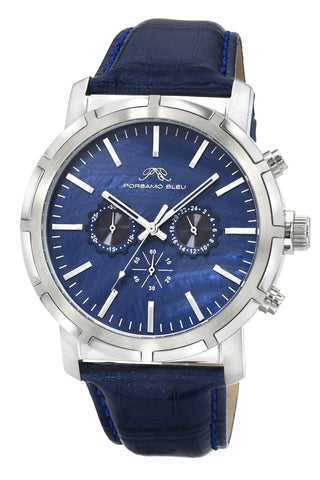 Porsamo Bleu NYC Chrono Luxury Men's Genuine Leather Chronograph Watch With Blue MOP Dial, Silver, 1282ANYL