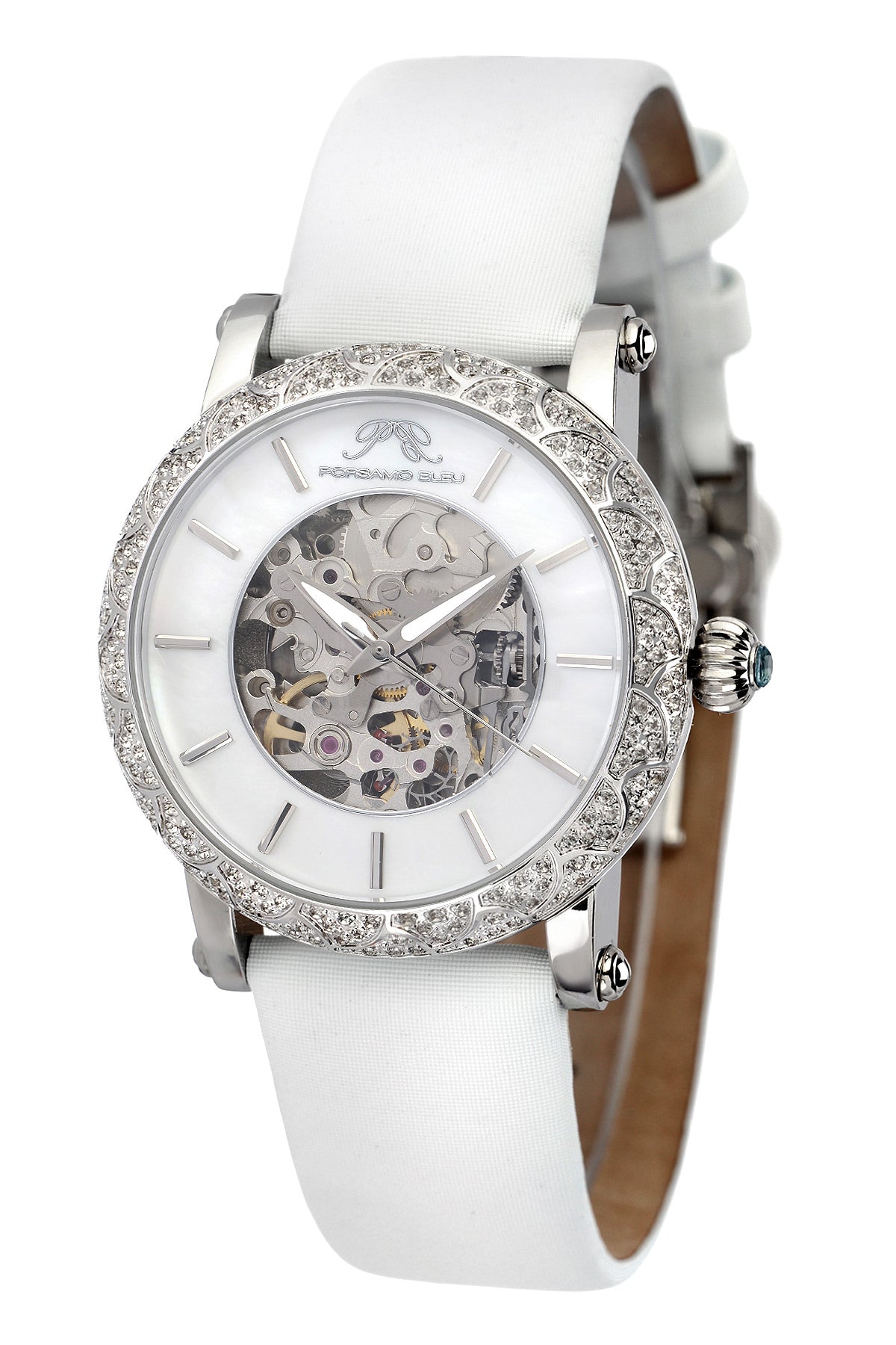 Porsamo Bleu Liza Luxury Automatic Topaz Women's Watch, Satin Leather Watch, Silver, White 691ALIL