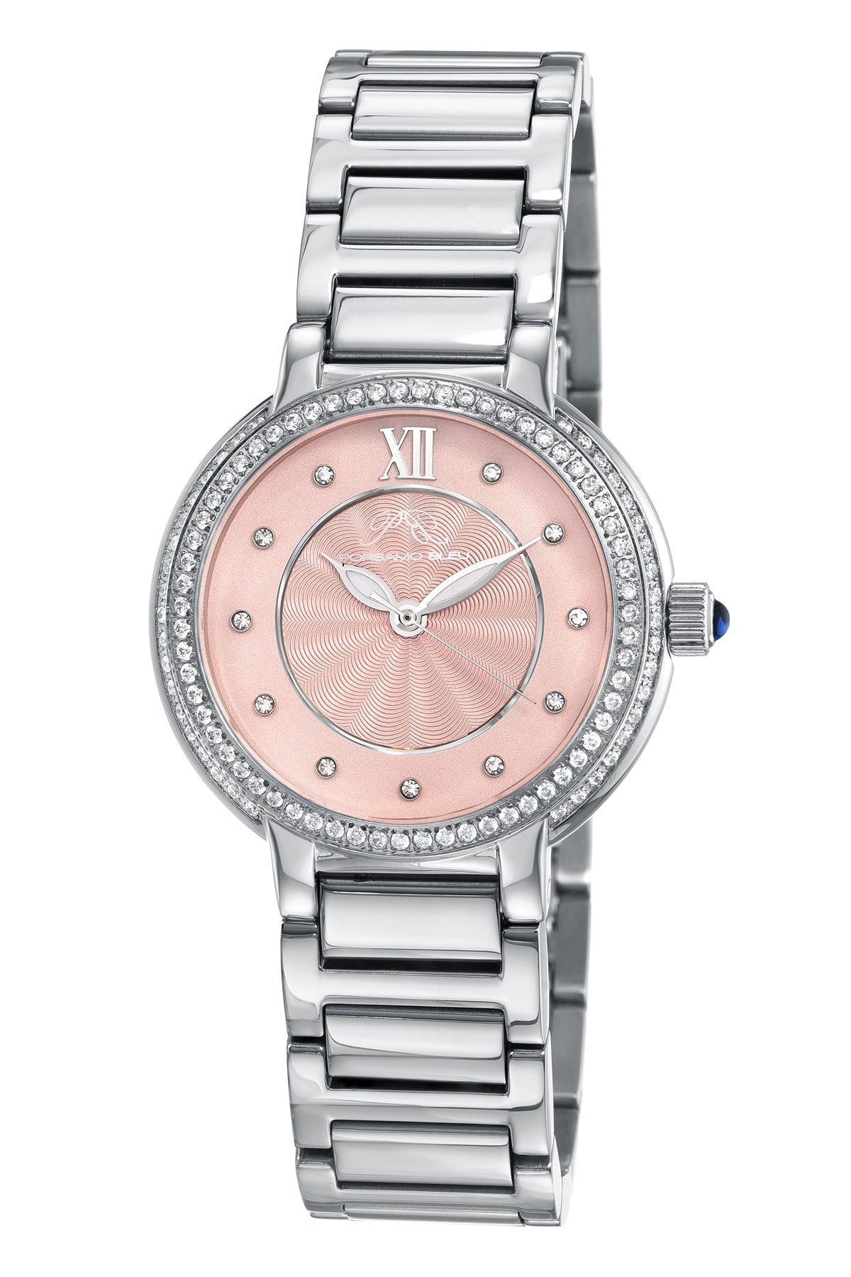 Porsamo Bleu Stella Luxury Crystal Womens Stainless Steel Watch, Silver With Baby Pink Guilloche And Sunray Dial 1191FSTS