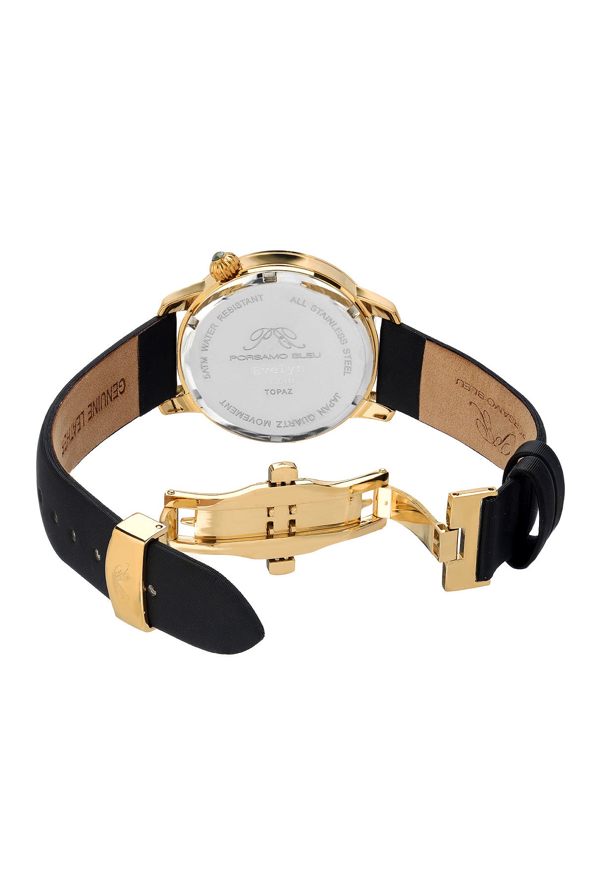 Porsamo Bleu Evelyn Luxury Topaz Womens Watch Satin Covered Genuine Leather Band, Gold, Black 763BEVL