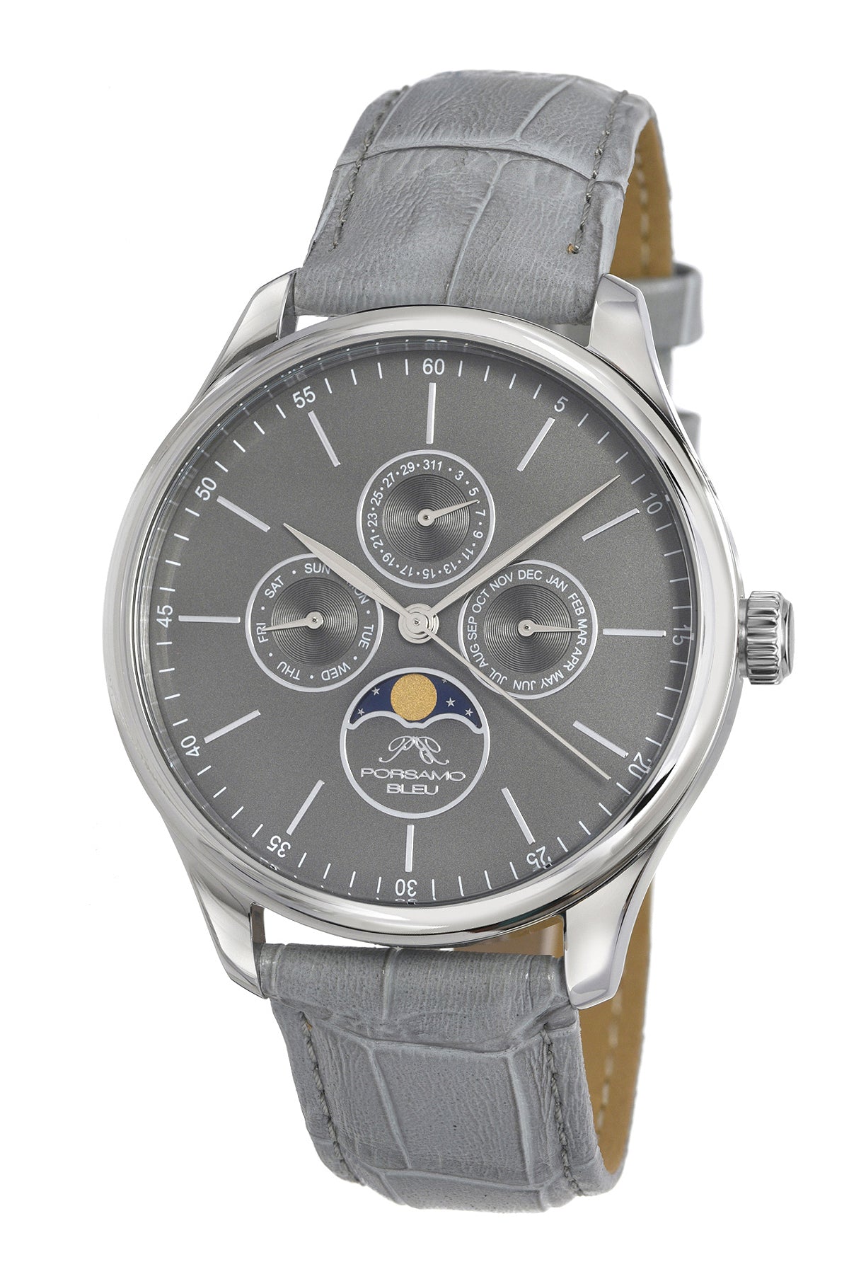 Porsamo Bleu Jonathan Luxury Men's Watch Genuine Leather Band, Silver, Grey, 911EJOL