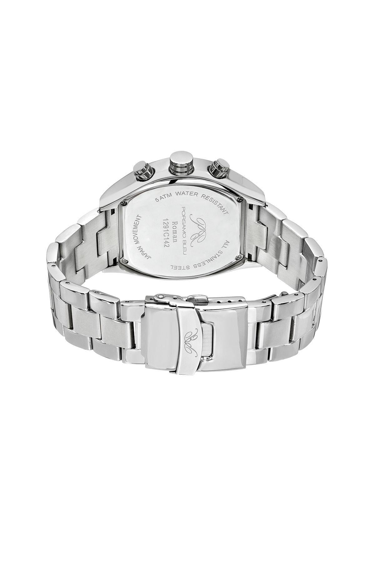 Porsamo Bleu Roman Luxury Men's Stainless Steel Chronograph Watch With Black Dial, Silver, 1291CROS