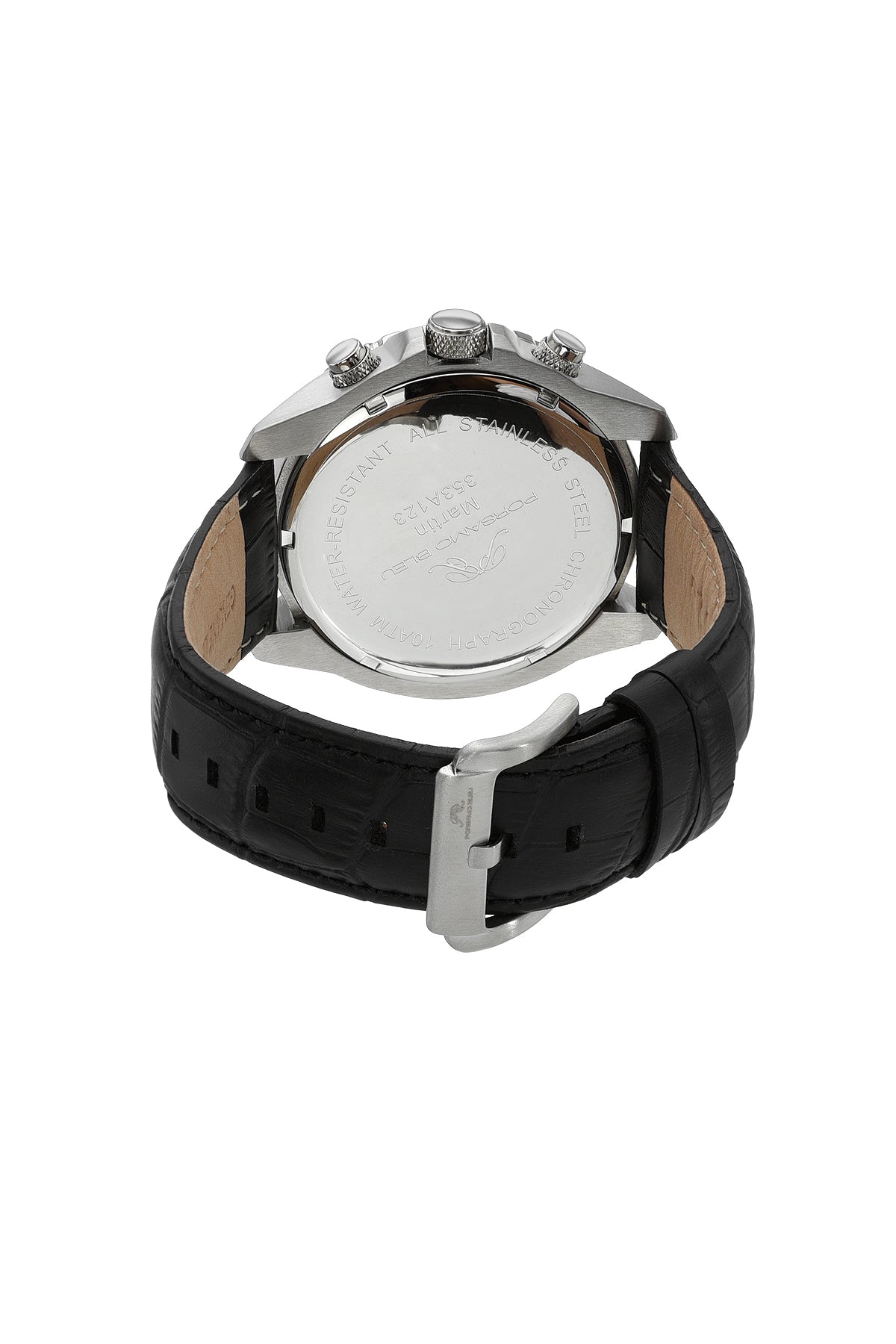 Porsamo Bleu Martin Luxury Chronograph Men's Watch Genuine Leather Band, Silver, Black 353AMAL