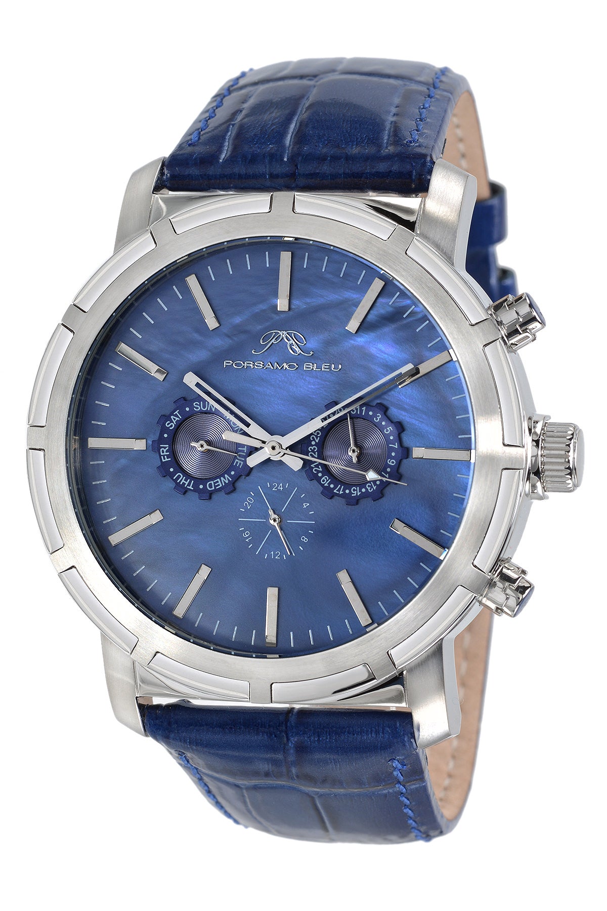 Porsamo Bleu NYC luxury men's watch, genuine leather band, silver, blue 056ANYL