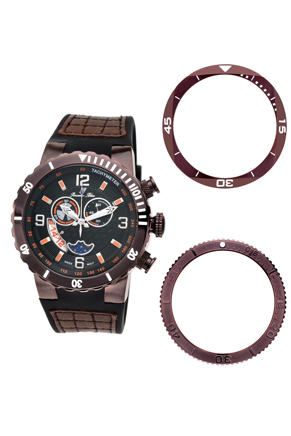 Porsamo Bleu Las Vegas Luxury Men's Watch, Silicone Strap, Interchangeable Bezels, Brown 114ELVR