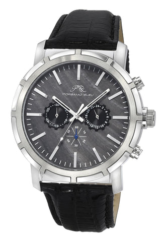 Porsamo Bleu NYC Chrono Luxury Men's Genuine Leather Chronograph Watch With Black MOP Dial, Silver, 1281ANYL