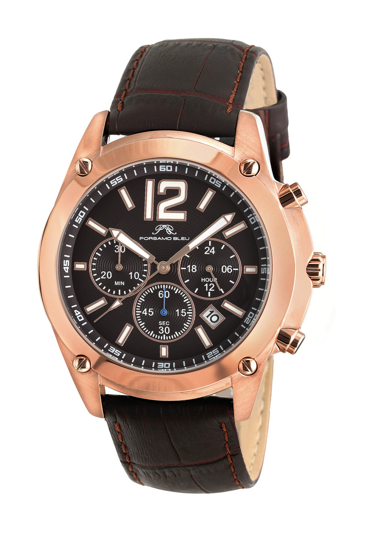 Porsamo Bleu Nathan luxury chronograph men's watch, genuine leather band, rose, brown 641CNAL