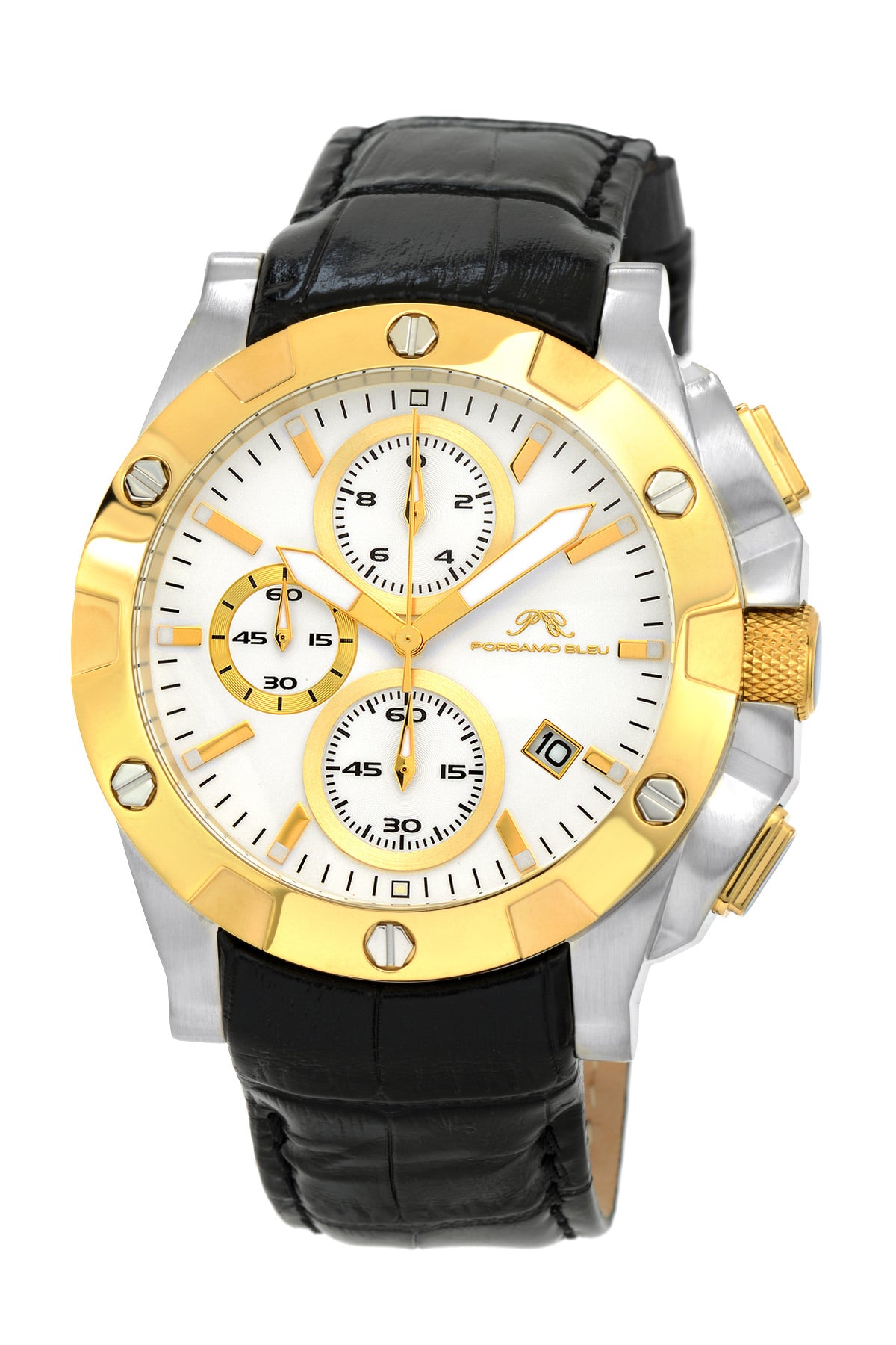Porsamo Bleu George luxury chronograph men's watch, genuine leather band, goldand silver, black 341AGEL