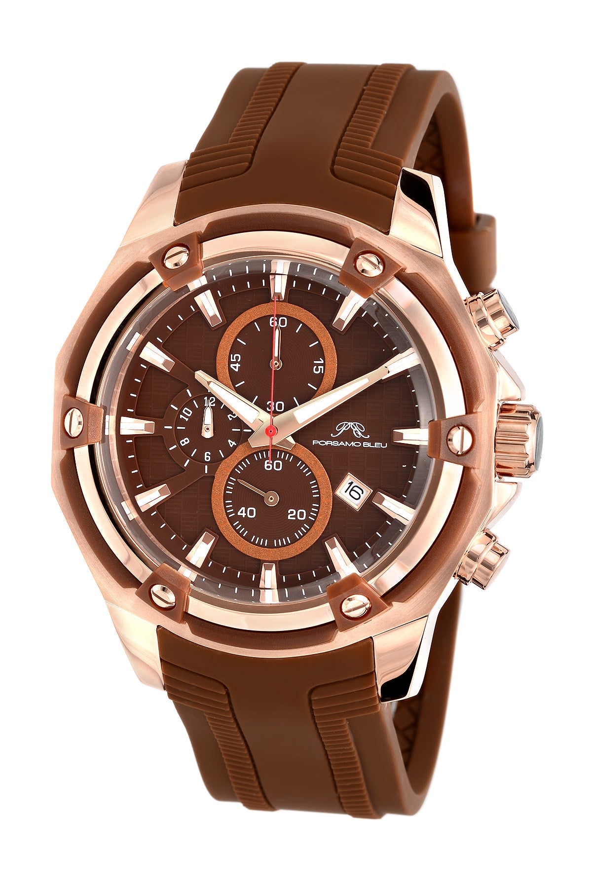 Porsamo Bleu Stavros luxury chronograph men's watch, silicone strap, rose, brown 481BSTR