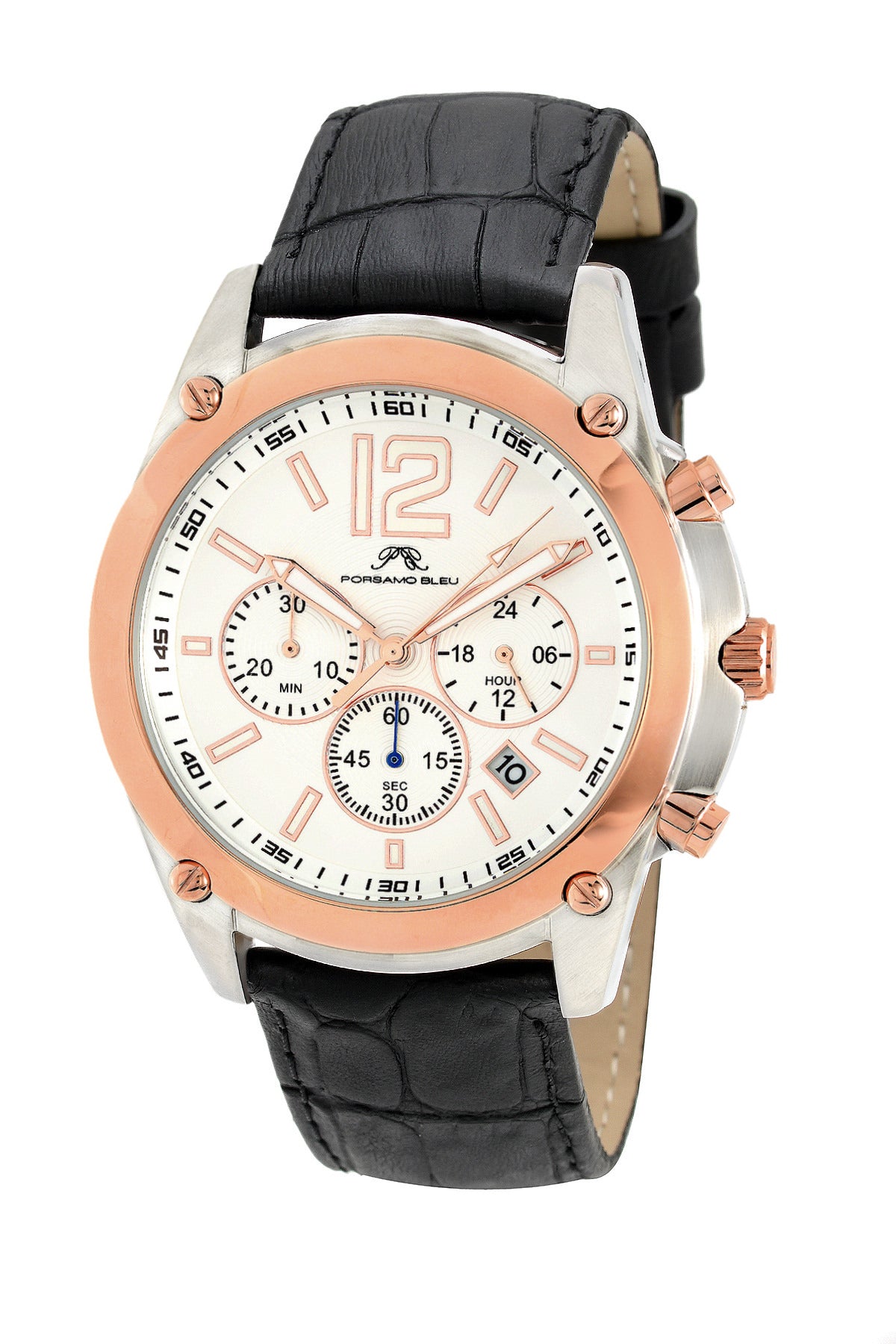 Porsamo Bleu Nathan luxury chronograph men's watch, genuine leather band, rose, black 642CNAL