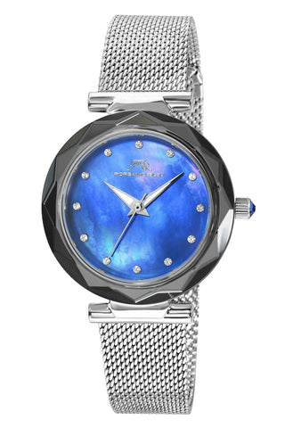 Porsamo Bleu Hazel Luxury Topaz Women's Stainless Steel Watch With Blue MOP Dial And Faceted Crystal Bezel, Silver, 1272AHAS