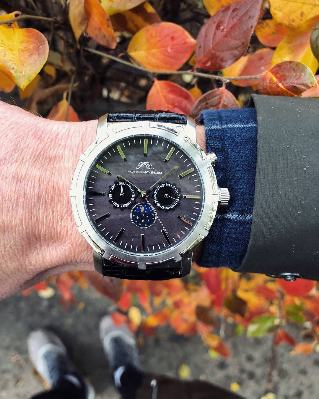 Porsamo Bleu NYC Moon Luxury Men's Watch, Genuine Leather Band, Silver, Black 057ANYL