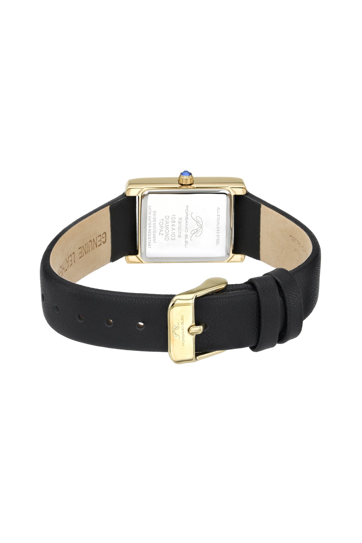 Porsamo Bleu Karolina Luxury Diamond And Topaz Rectangular Women's Genuine Leather Band Watch, Gold, Black 1084AKAL