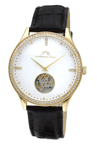 Porsamo Bleu Tourbillon 2023 Luxury Automatic Diamond Men's Watch, Alligator Band, Gold, White, Brown 661CTBL