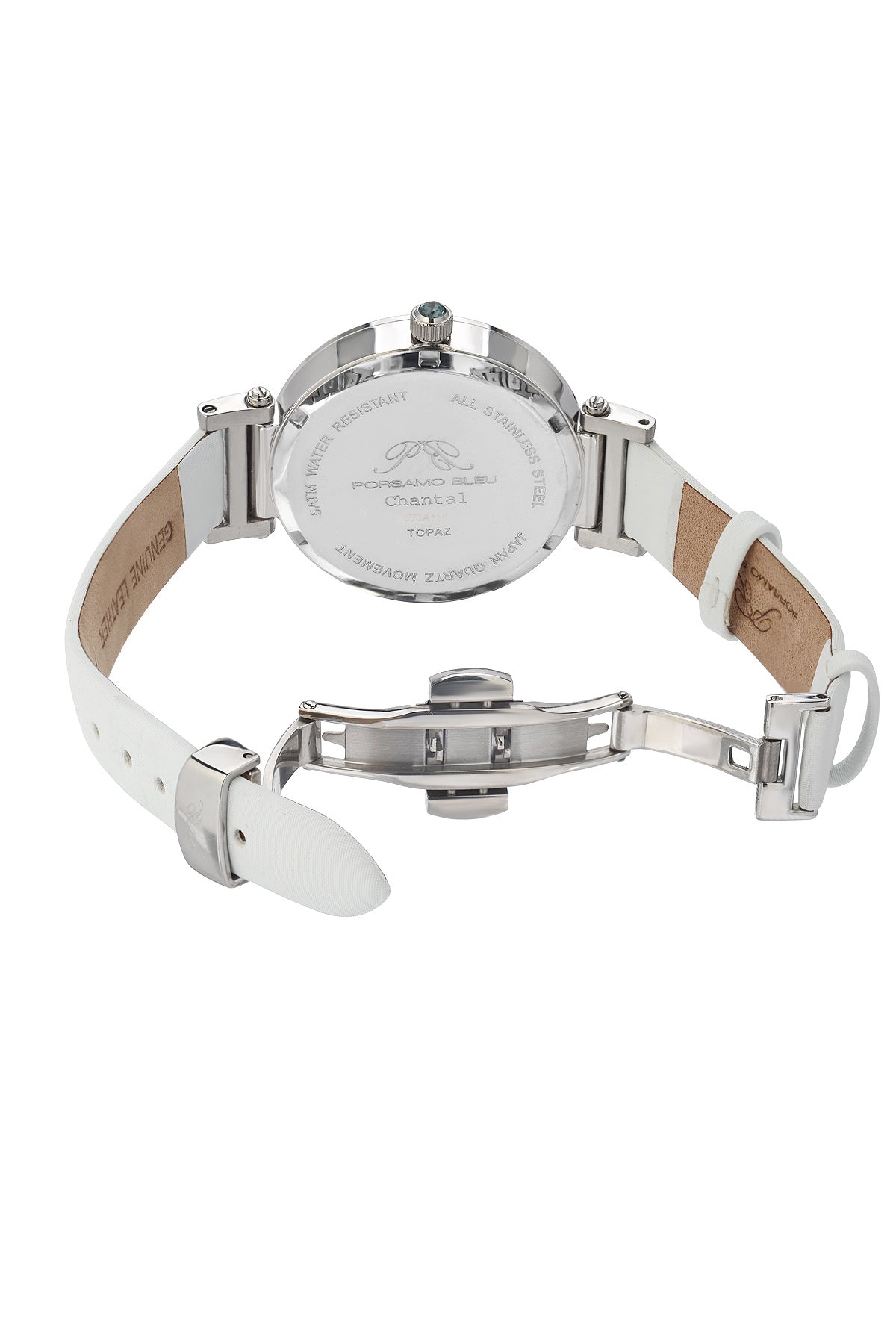 Porsamo Bleu Chantal Luxury Topaz Women's Watch, Satin Covered Genuine Leather Silver, White 673ACHL