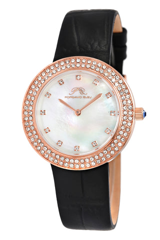 Porsamo Bleu Larissa luxury women's watch, genuine leather band, crystal inlaid bezel, white, rose, black 891CLAL