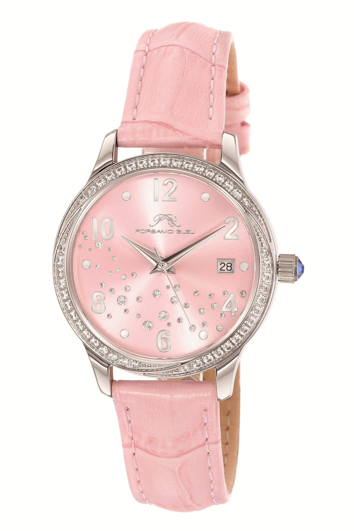 Porsamo Bleu Ruby Luxury Women's Genuine Leather Band Watch, Silver, Pink 1142BRUL