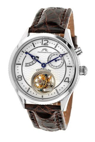Porsamo Bleu Tourbillon men's luxury watch, genuine leather band, silver, white, brown 661ATBL