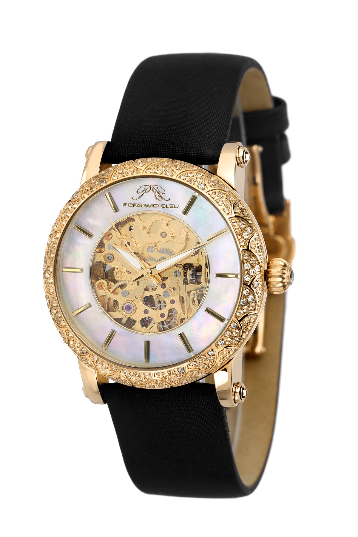 Porsamo Bleu Liza Luxury Automatic Topaz Women's Satin Leather Watch, Gold, Black 691BLIL