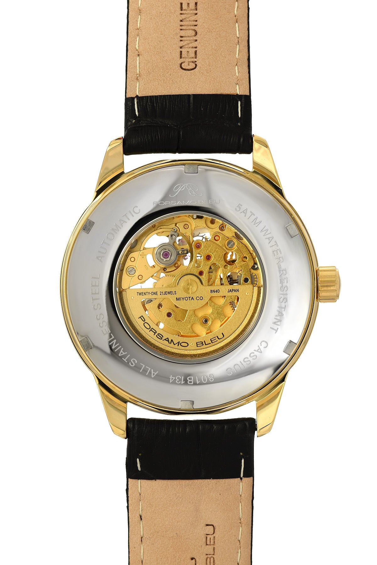 Porsamo Bleu Cassius Luxury Automatic Men's Watch, Genuine Leather Band, Gold, Black, White 801BCAL