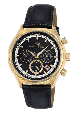 Porsamo Bleu Dylan Luxury Men's Watch, Genuine Leather Band Gold and Black 872BDYL