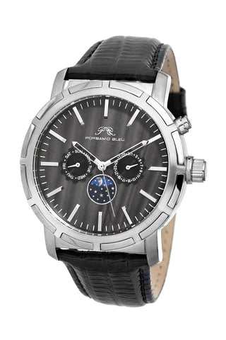 Porsamo Bleu NYC Moon luxury men's watch, genuine leather band, silver, black 057ANYL