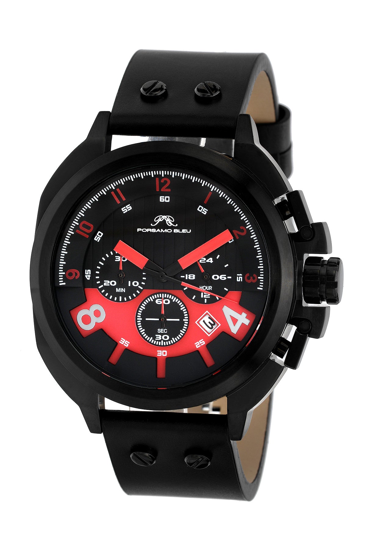 Porsamo Bleu Connor luxury chronograph men's watch, genuine leather band, black, red 421BCOL