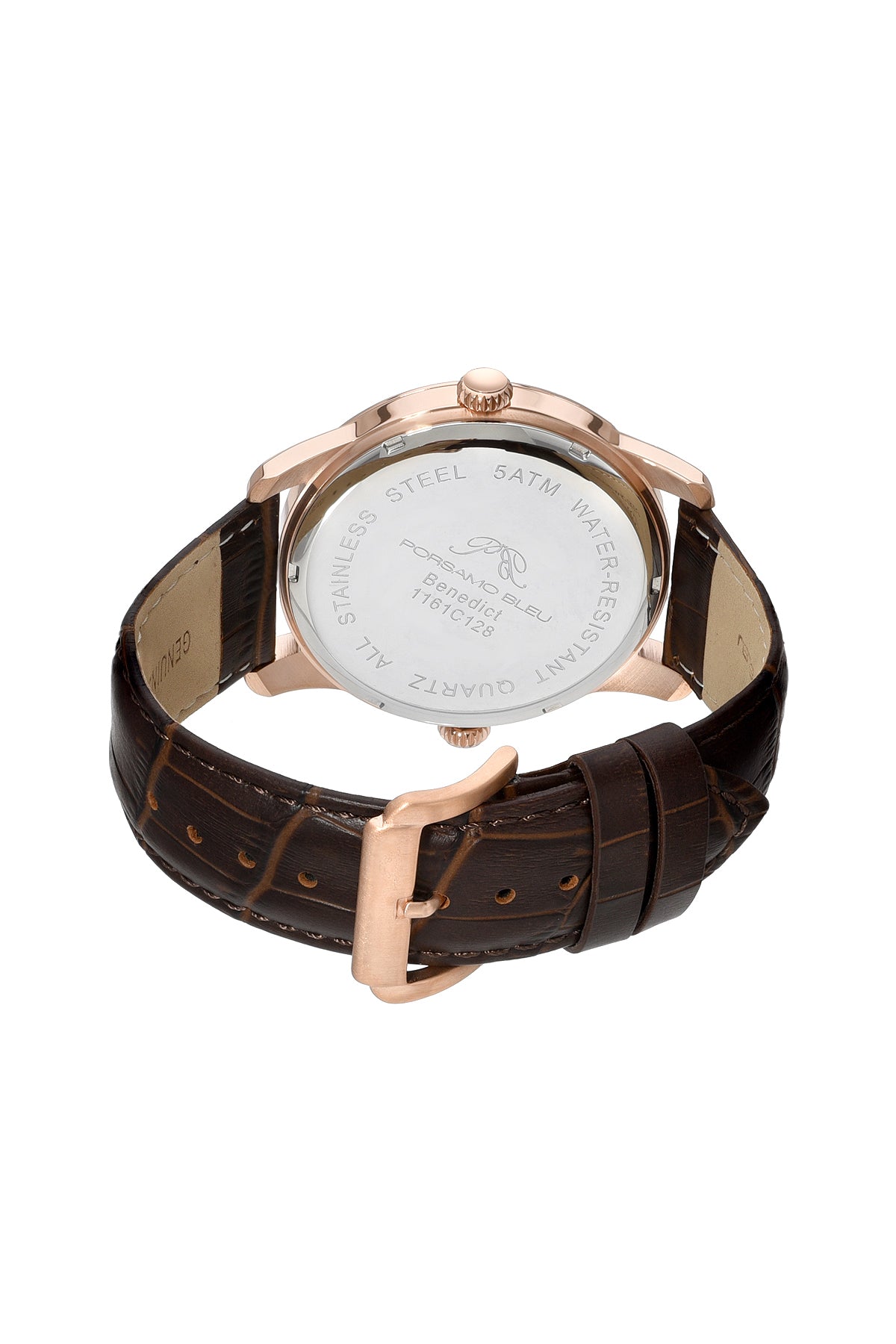 Porsamo Bleu Benedict Luxury Two Movements Men's Genuine Leather Band Watch, Rose, Brown 1161CBEL