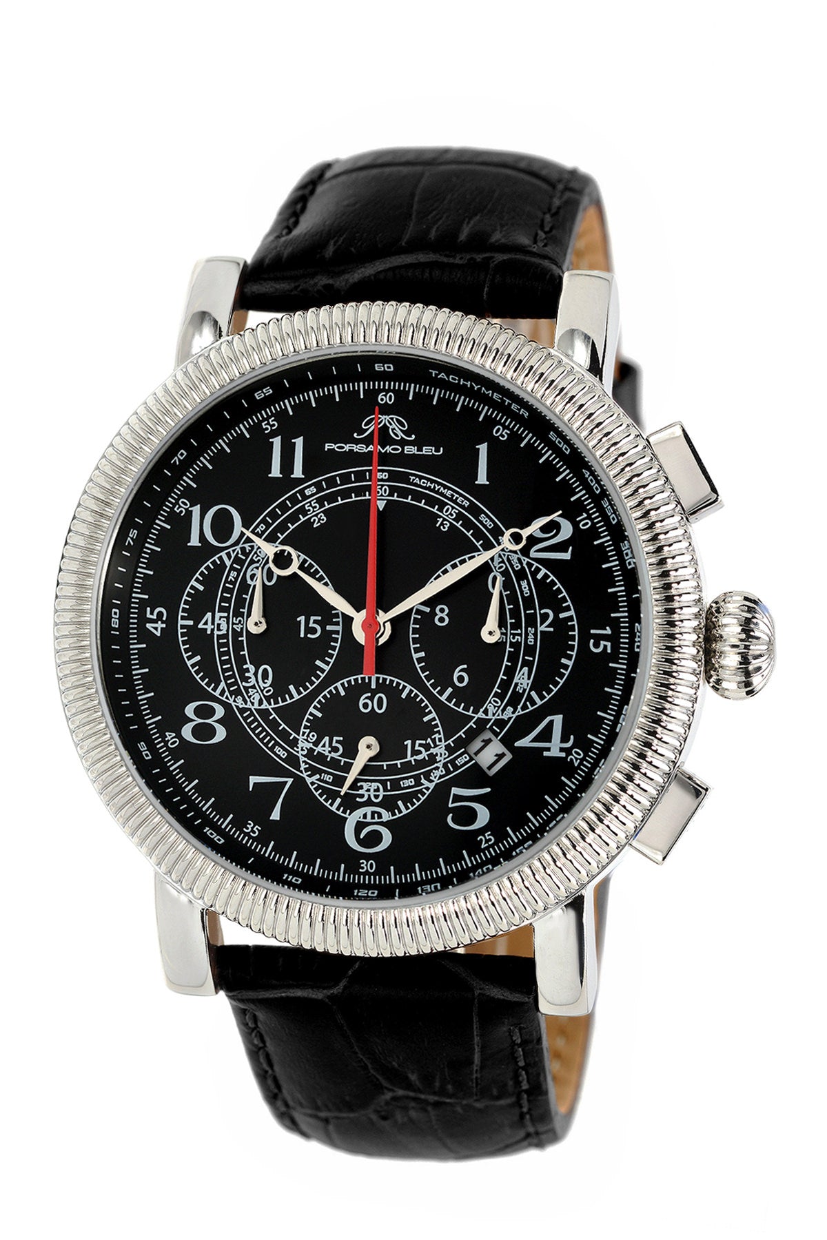 Porsamo Bleu Phileas Luxury Chronograph Men's Watch, Genuine Leather Band Silver Black 472APHL