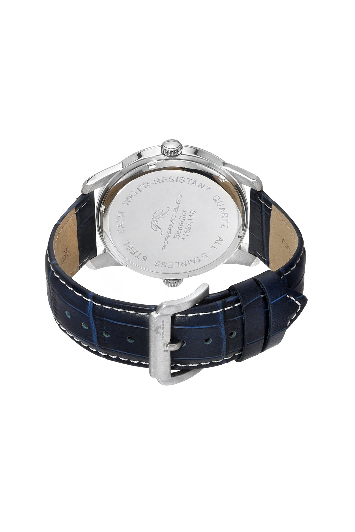 Porsamo Bleu Benedict Luxury Two Movements Men's Genuine Leather Band Watch, Silver, Blue 1162ABEL
