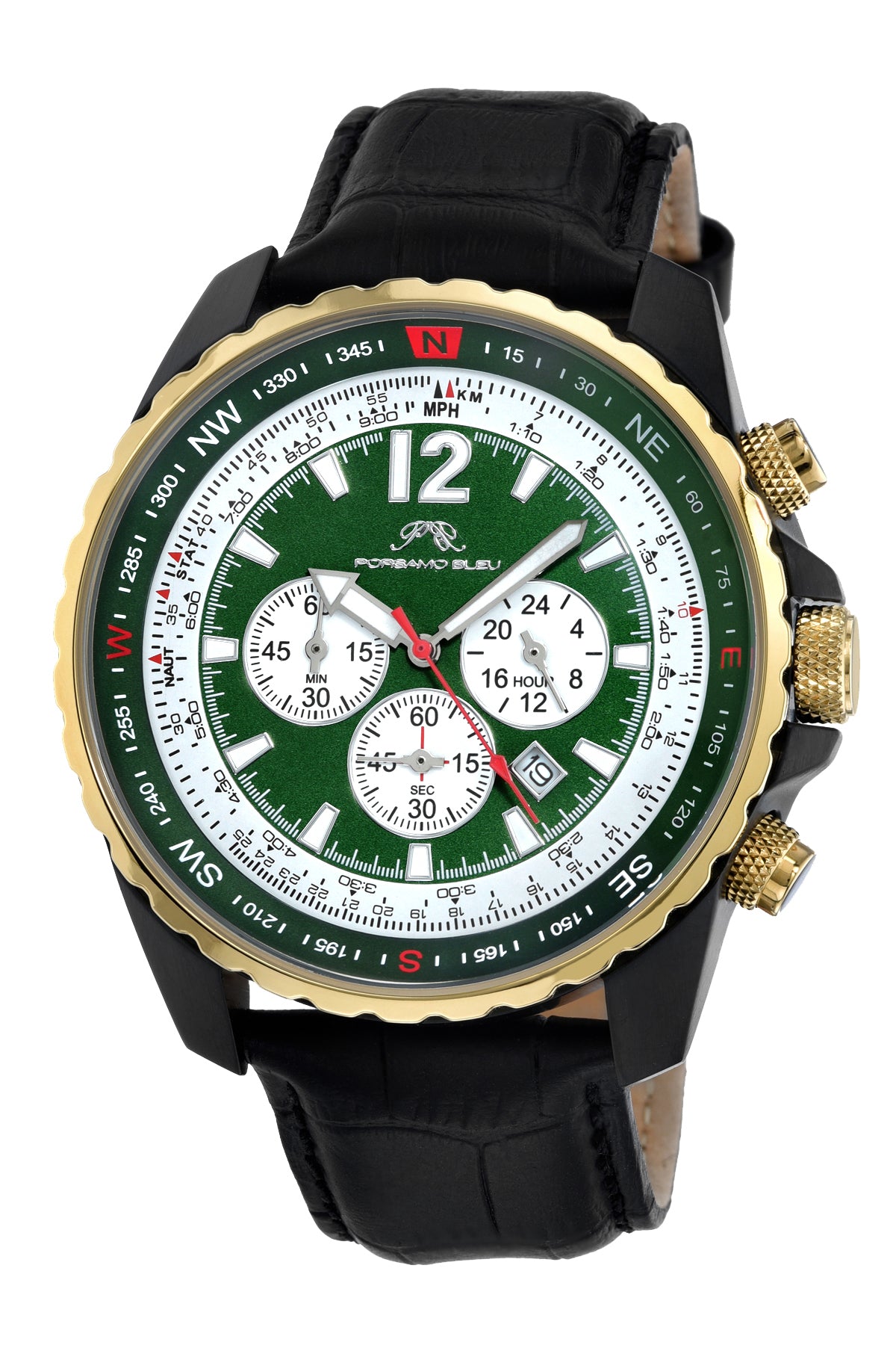 Porsamo Bleu Martin Luxury Chronograph Men's Watch Genuine Leather Band, Gold, Black, Green 353BMAL