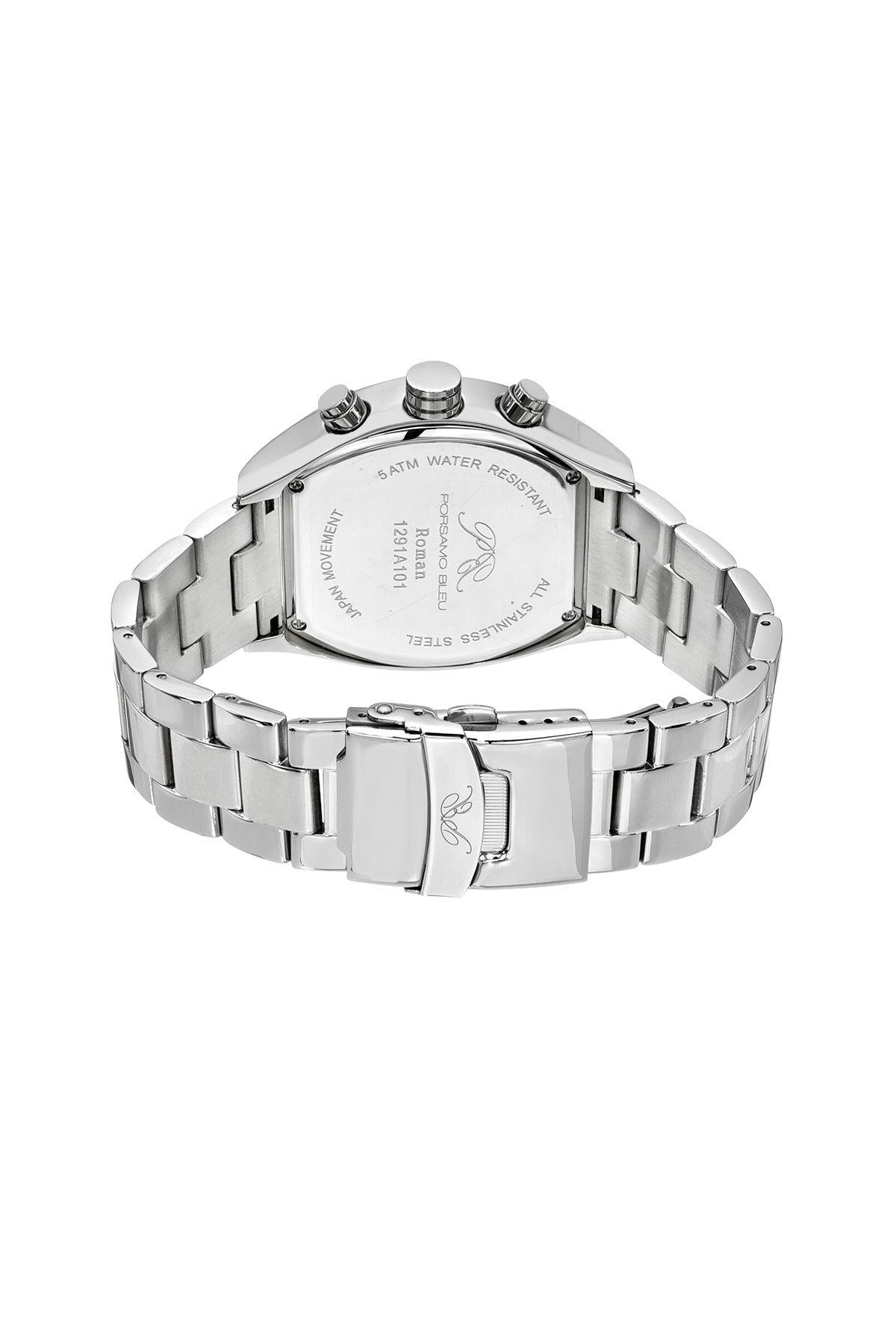Porsamo Bleu Roman Luxury Men's Stainless Steel Chronograph Watch With White Dial, Silver, 1291AROS
