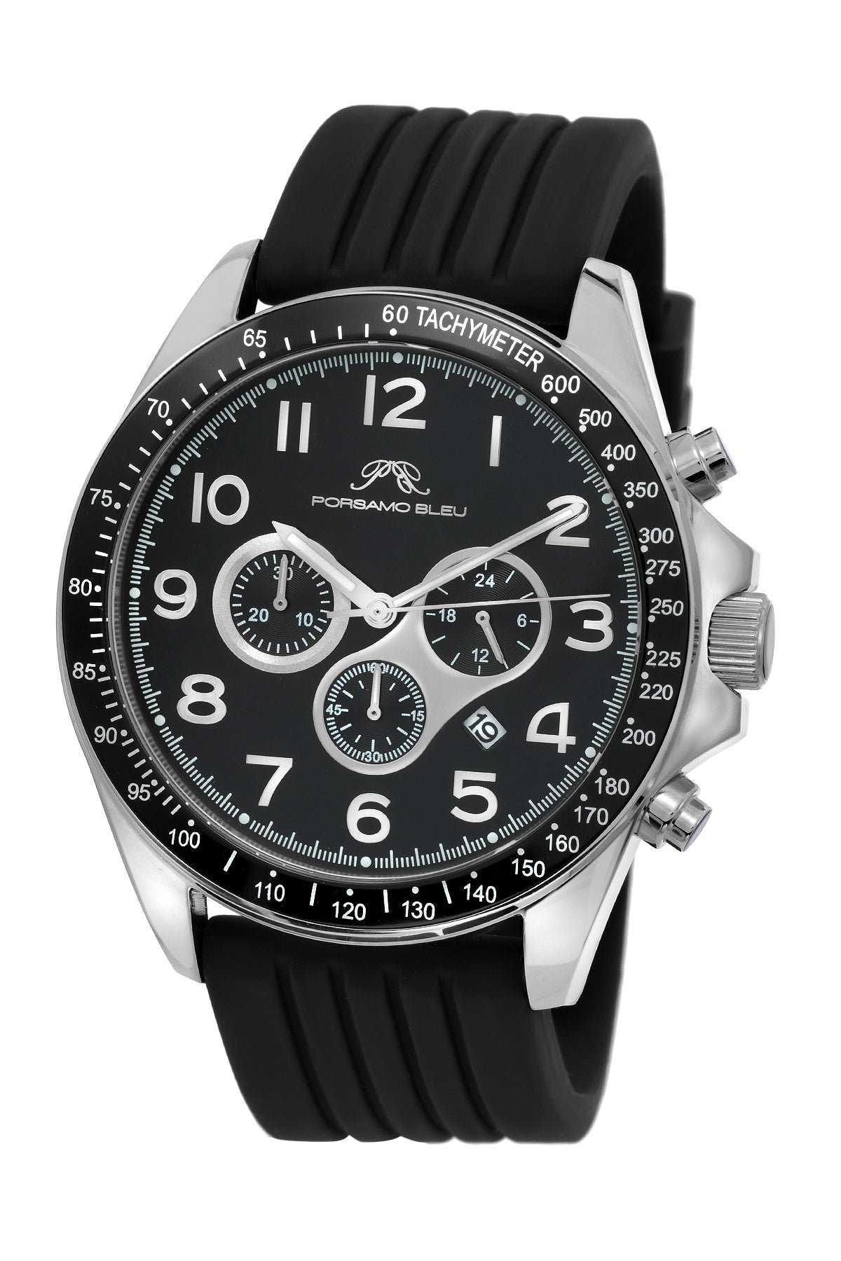 Porsamo Bleu Wolfgang luxury  chronograph men's watch, silicone strap, silver, black 571AWOR