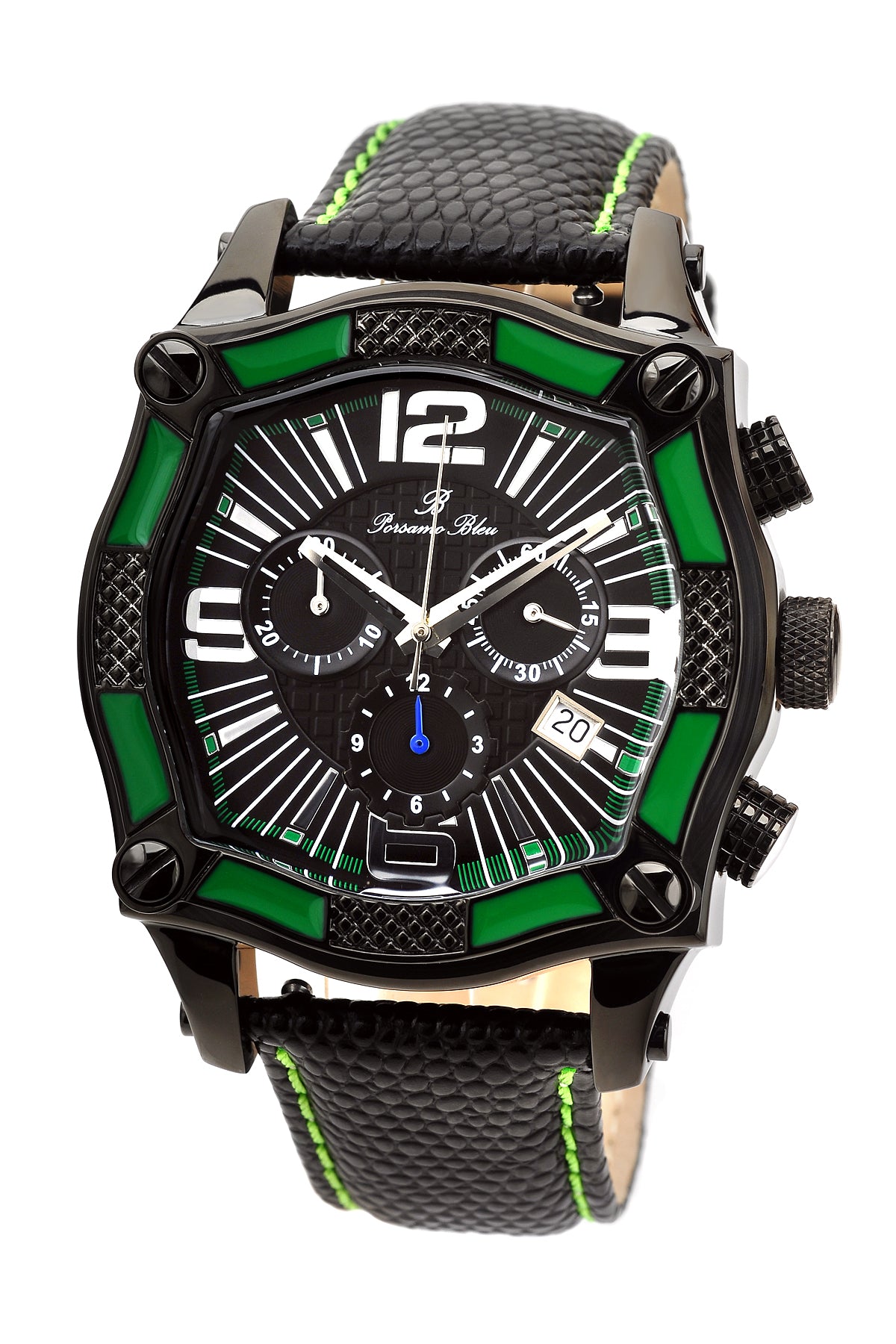 Porsamo Bleu Sao Paulo chronograph men's watch, genuine leather band, black, green 021CSPL